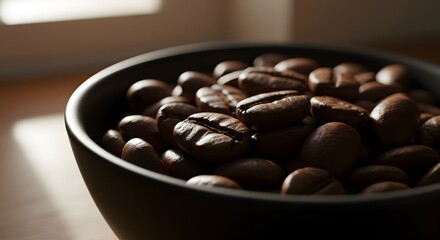 Macro close up of roasted coffee beans in a black bowl, illuminated by natural window light from the front, rich texture, aromatic detail, perfect background for café, barista, and coffee culture