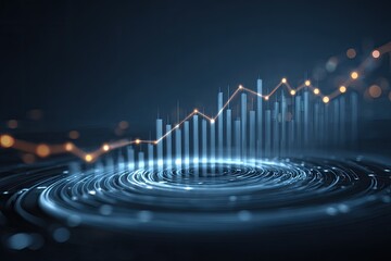 A visual representation of data trends, with glowing lines and bars over swirling blue circles