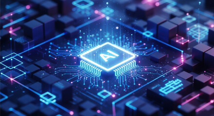 Advanced AI Processor A Close-Up of a Futuristic AI Chip with Intricate Circuitry, Symbolizing High-Tech Computing, Machine Learning, and Data Processing Capabilities