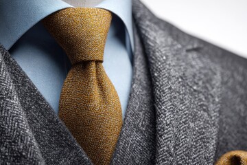 Close-up of a gray herringbone suit, light blue shirt, and mustard tie