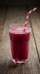 Glass of refreshing fruity juice with straw placed on rustic old wooden table, vibrant summer beverage symbolizing freshness, healthy lifestyle, natural vitamins, hydration