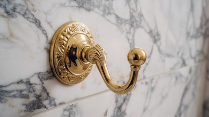 Elegant golden hook attached to a white marble wall with intricate patterns, perfect for showcasing luxury interior design elements and bathroom decor ideas