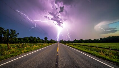 Stunning Lightning Storm Over Rural Road.