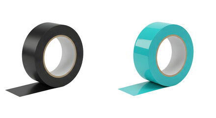 Fototapeta premium Black and turquoise adhesive tape rolls isolated on white background, office and craft supplies, perfect for DIY projects