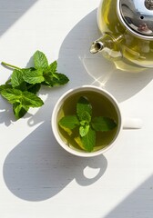 Overhead view of green mint tea served in cups with fresh leaves and teapot on white wooden table, healthy antioxidant beverage, refreshing and warming drink for relaxation and wellness