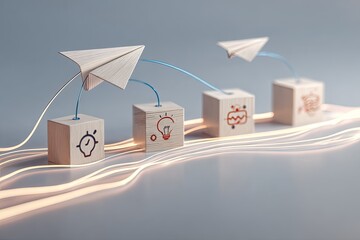 Conceptual depiction using wooden blocks, paper airplanes, and light trails