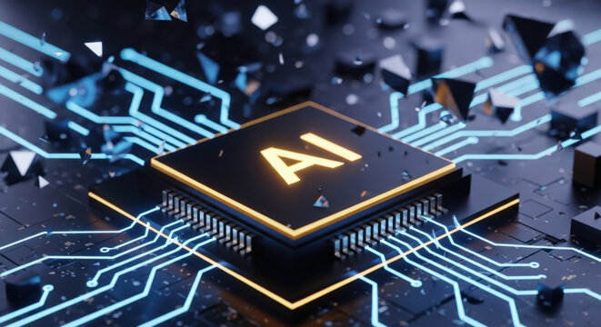 Advanced AI Processor with Shattered Elements and Glowing Circuits for Next-Generation Computing and Data Processing in Technological Innovations