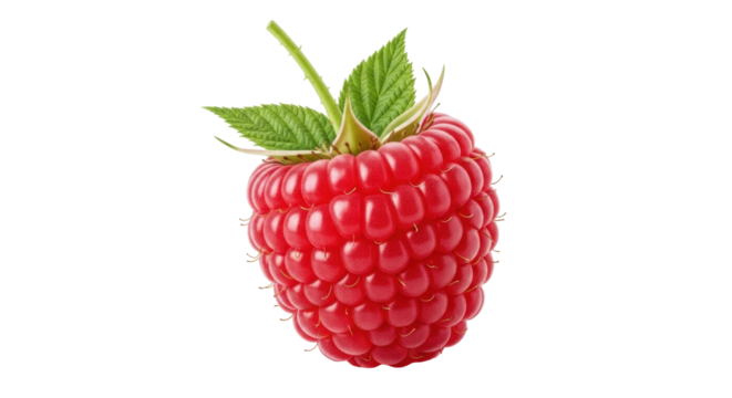 Isolated fresh raspberry fruit on stem with green leaves against clean backdrop, studio shot