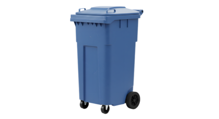 Blue outdoor plastic garbage bin with wheels and lid isolated on white background, perfect for waste disposal and recycling