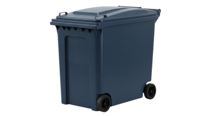 Blue outdoor wheeled garbage bin container on white background, waste management and recycling concept