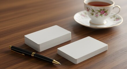 Blank business cards with elegant pen and tea cup placed on wooden office table, mockup template for branding, corporate identity, professional design presentation, and creative business concept