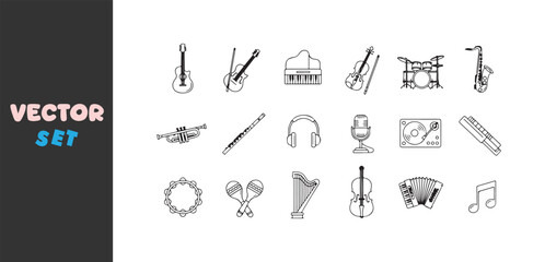 Collection of hand drawn musical instruments and symbols