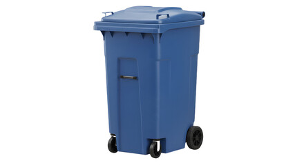 Blue plastic wheeled trash bin for waste collection and recycling, isolated on white background, perfect for environmental and urban themes