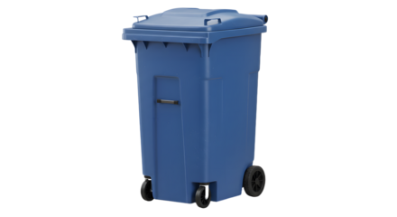 Blue plastic wheeled trash bin for waste collection and recycling, isolated on white background, perfect for environmental and urban themes
