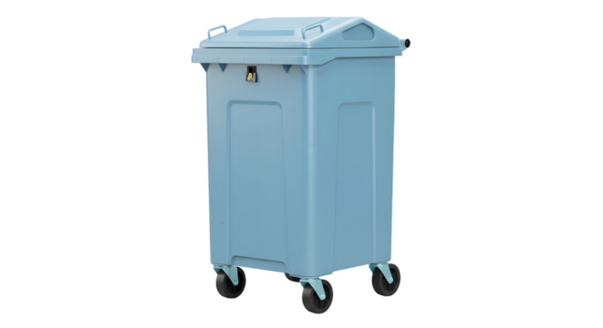 Blue commercial waste bin with wheels and lid isolated on white background, perfect for waste management and recycling
