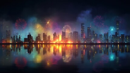 Fototapeta premium Stunning City Skyline Lit by Vibrant Fireworks Display Over Calm Water During Night with Colorful Reflections Creating a Magical Atmosphere