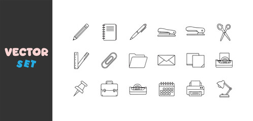 Collection of hand drawn office supplies and stationery icons