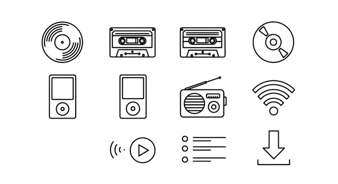 Media Icons Vinyl, Cassette, Radio, Wireless, Download and Play