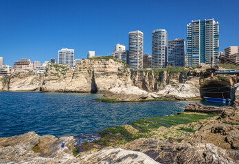 Modern buildings seen from area of famous Pigeon Rock in Raouche district of Beirut capital city Lebanon