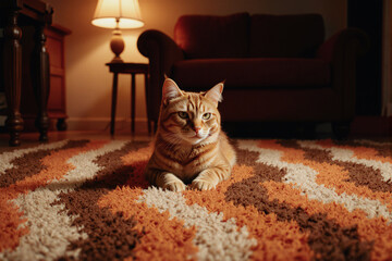 Ginger cat resting on vibrant textured rug indoors.