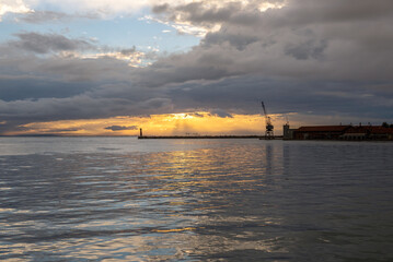 Aegean Sea port seen from waterfront in Thessaloniki city, Greece