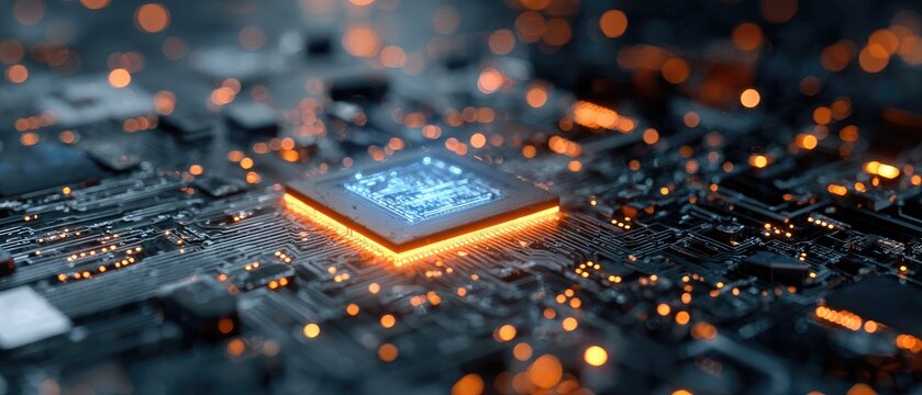 Close-up of a glowing computer processor on a circuit board with bokeh lights. Futuristic digital concept