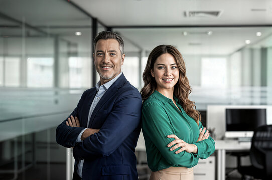 two happy executive managers mature business man and woman leaders concept successful partners professional team in their 50s standing arms crossed office at work looking at camera corporate portrait - Powered by Adobe