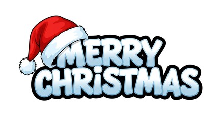 Festive merry christmas text with santa hat and icy blue lettering