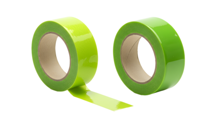 Green adhesive tape rolls isolated on white background, perfect for packaging and craft projects