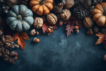Autumn composition with small pumpkins, walnuts, pinecones, and colorful fall leaves arranged around a dark blue background creating a seasonal festive frame