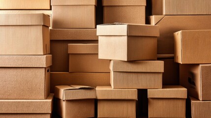 Stacked Cardboard Boxes in Varied Sizes Creating a Neat Background for Shipping, Storage, Organization, or Packaging Concepts