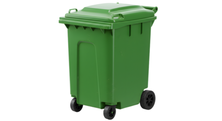 Green wheeled outdoor trash bin isolated on white background for waste management and recycling, perfect for environmental projects