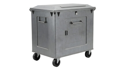 Industrial heavy duty metal storage container on wheels with lockable lid and side handles isolated on white, perfect for warehouse organization