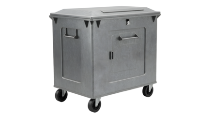 Industrial heavy duty metal storage container on wheels with lockable lid and side handles isolated on white, perfect for warehouse organization