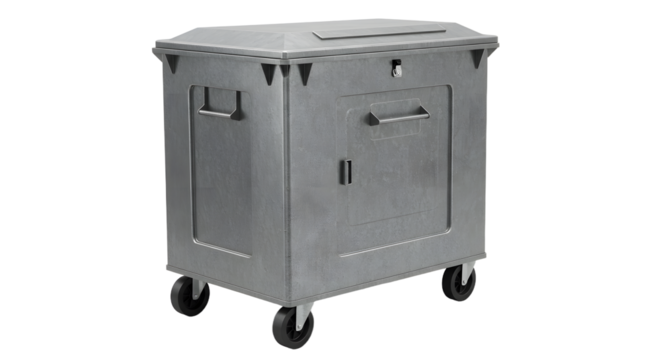 Industrial heavy duty metal storage container on wheels with lockable lid and side handles isolated on white, perfect for warehouse organization