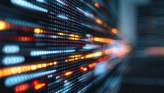 Abstract visual, rows of points, blurred colors, light streaks, digital pattern