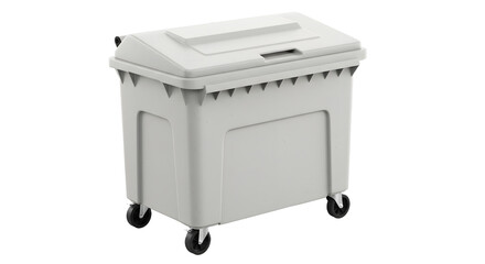 Large gray commercial trash bin with wheels and hinged lid isolated on white background, perfect for waste management and cleanup