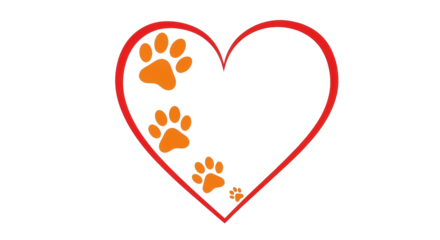 Isolated heart outline with orange paw prints inside, pet adoption, love, and affection