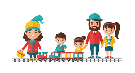 Happy cartoon family with children playing on a colorful toy train.