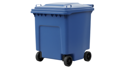 Blue plastic outdoor wheelie bin on white background isolated for waste collection and recycling use