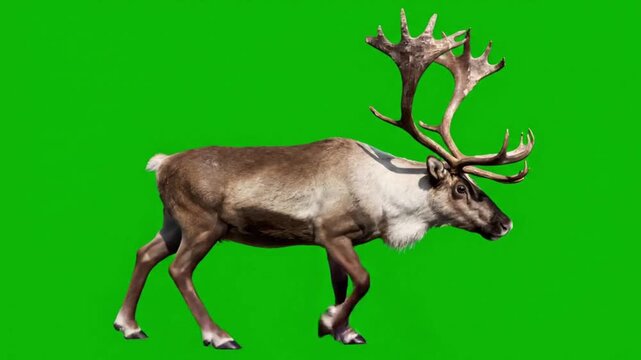 Majestic Reindeer or Caribou (Rangifer tarandus) Walking on Green Screen for Easy Chroma Keying and Compositing of Arctic Tundra Wildlife Mammal with Large Antlers. 