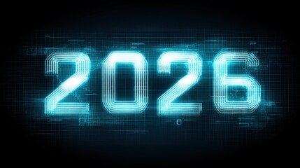 Futuristic digital representation of the year 2026 with neon blue glowing numbers set against a dark background emphasizing technology and innovation