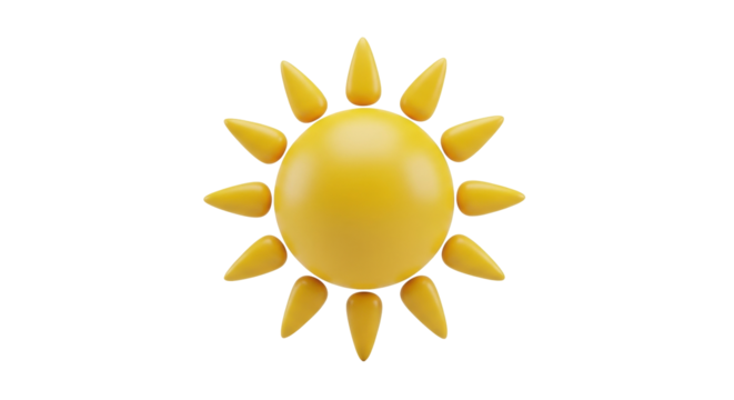 Isolated sunny day symbol rendered in 3D, round shape with rays emanating all around