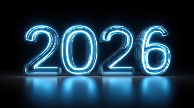 Bright Neon 2026 Number Display at Night Illuminated with Blue Light Perfect for Celebrations and Future Year Events in Modern Design Theme - Powered by Adobe