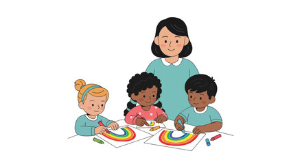 Teacher and Children Drawing Rainbows Together in a Classroom Setting.