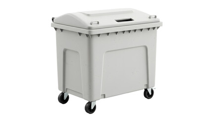 Commercial gray plastic rolling dumpster bin isolated on white background, ideal for waste management visuals