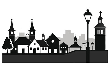 Fototapeta premium Silhouette of a Charming Village with Church, Homes, and Street Lights Art