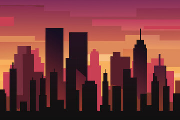Obraz premium Silhouette Skyline at Sunset with Vivid Gradient Sky in Style