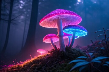 A surreal fantasy landscape glowing with vibrant, bioluminescent mushrooms of various colors and sizes, illuminating a mystical terrain under a starry, nebula-filled night sky.