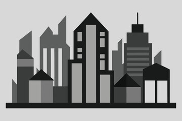 Fototapeta premium Simplified Monochrome Cityscape Illustration Buildings, Skyscrapers, Houses and Geometric Shapes on Light Background
